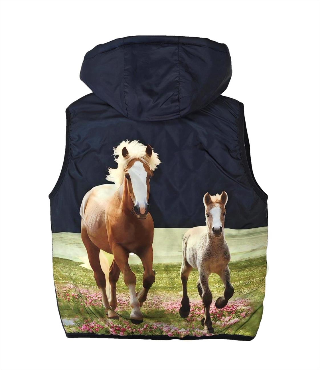 Bodywarmer met paarden blauw met capuchon