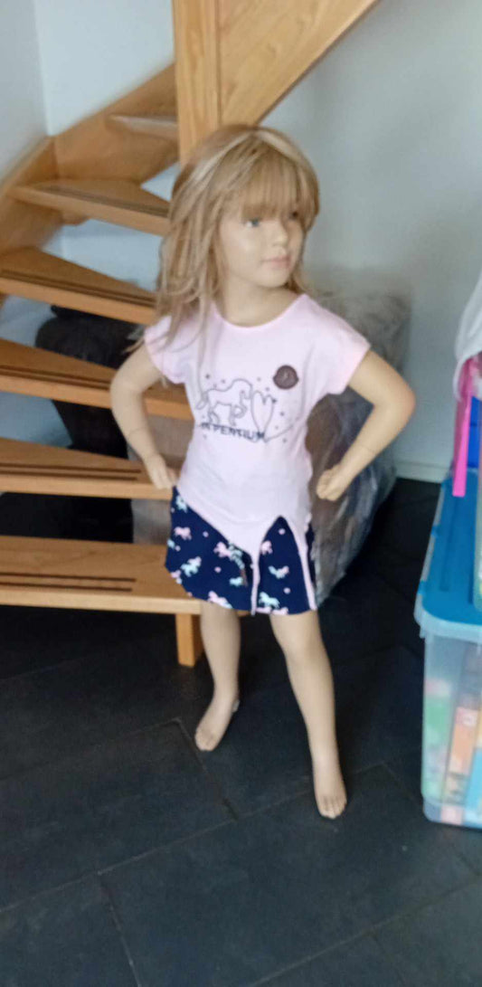 Pink shirt with blue skirt