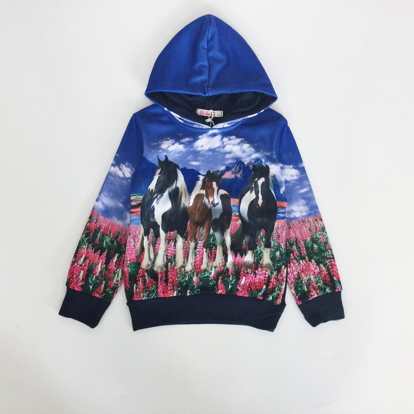 Hoodie paarden blauw met 3 paarden